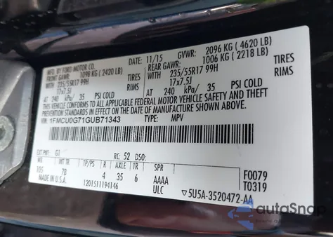 2016 Ford Escape Se from USA, damaged, VIN 1FMCU0G71GUB71343